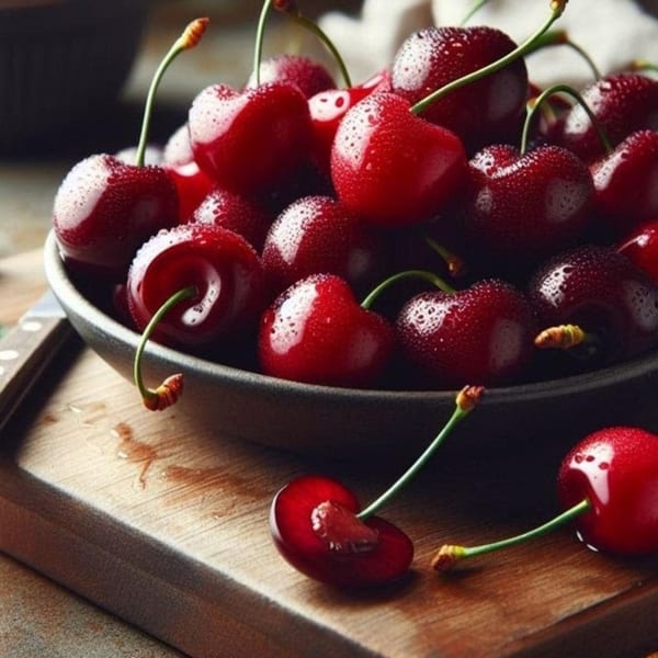 Fresh, dew-kissed red cherries in a dark bowl, with one halved cherry on a wooden board.
